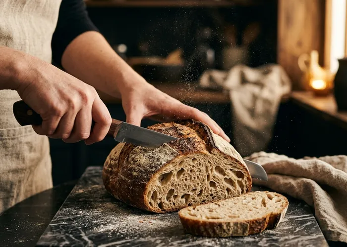 Artisan sourdough bread being hand-sliced on dark marble