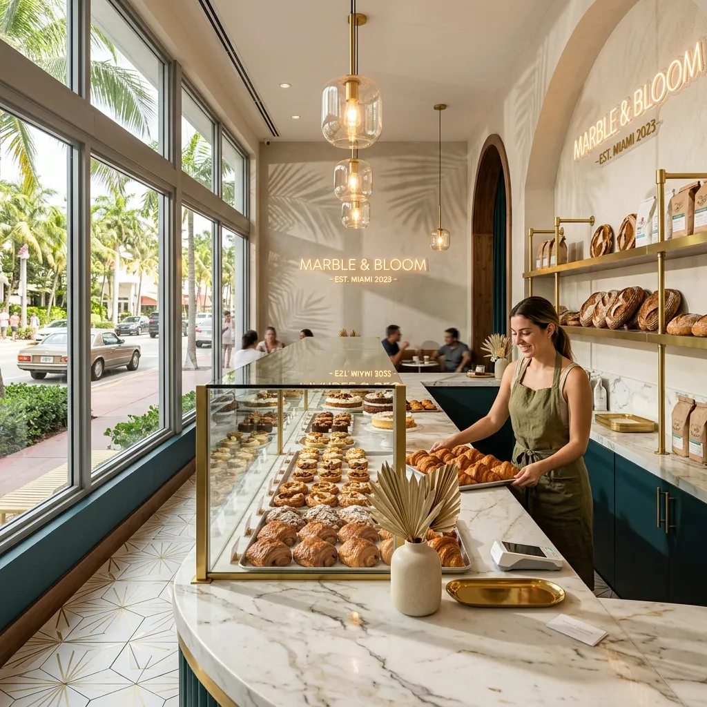 Marble & Bloom luxury bakery interior in Miami with marble counters, pastry displays, and tropical light