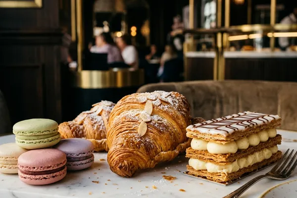 Artisan croissants and macarons on marble